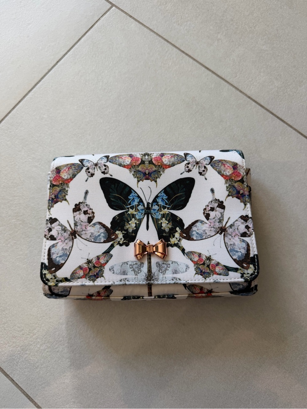 Ted Baker White Butterfly Print Crossbody with Rose Gold Bow Accent